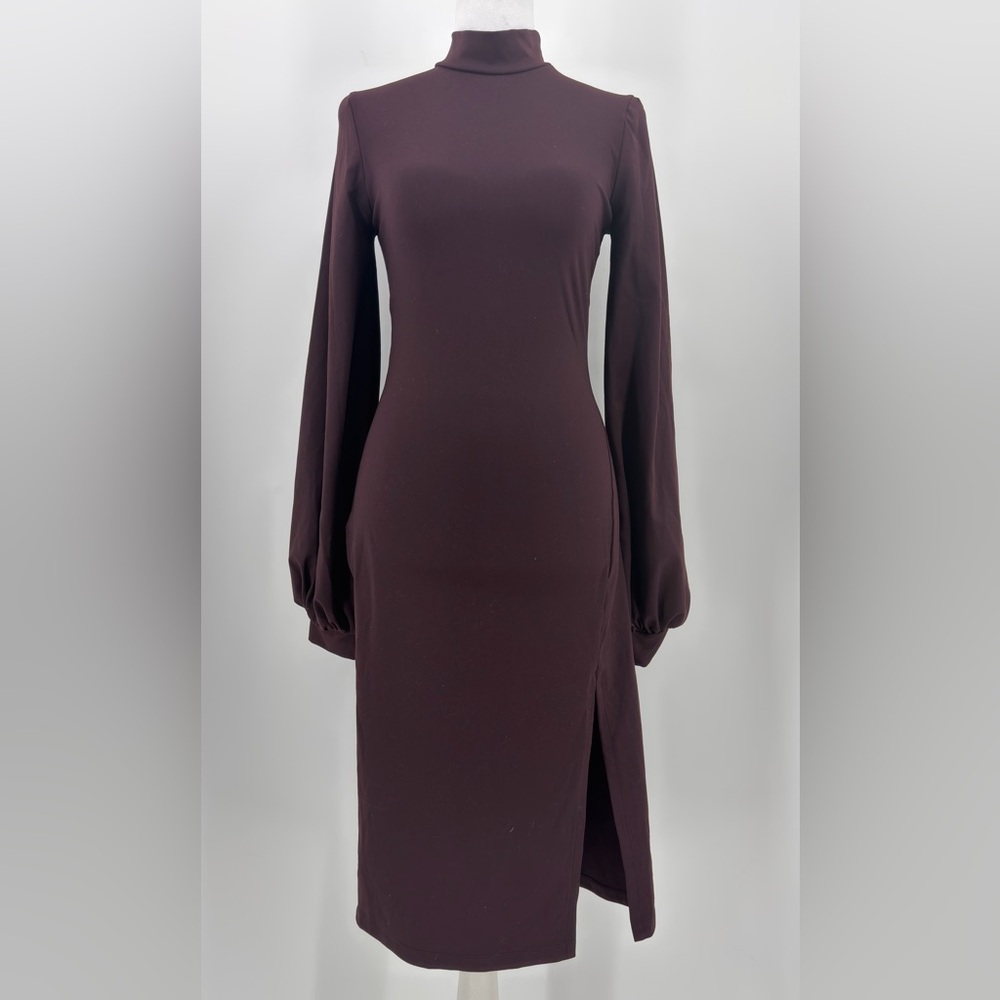 Susana Monaco Cabernet Mock Neck Long Sleeve Midi Dress Slit NWT XS‎